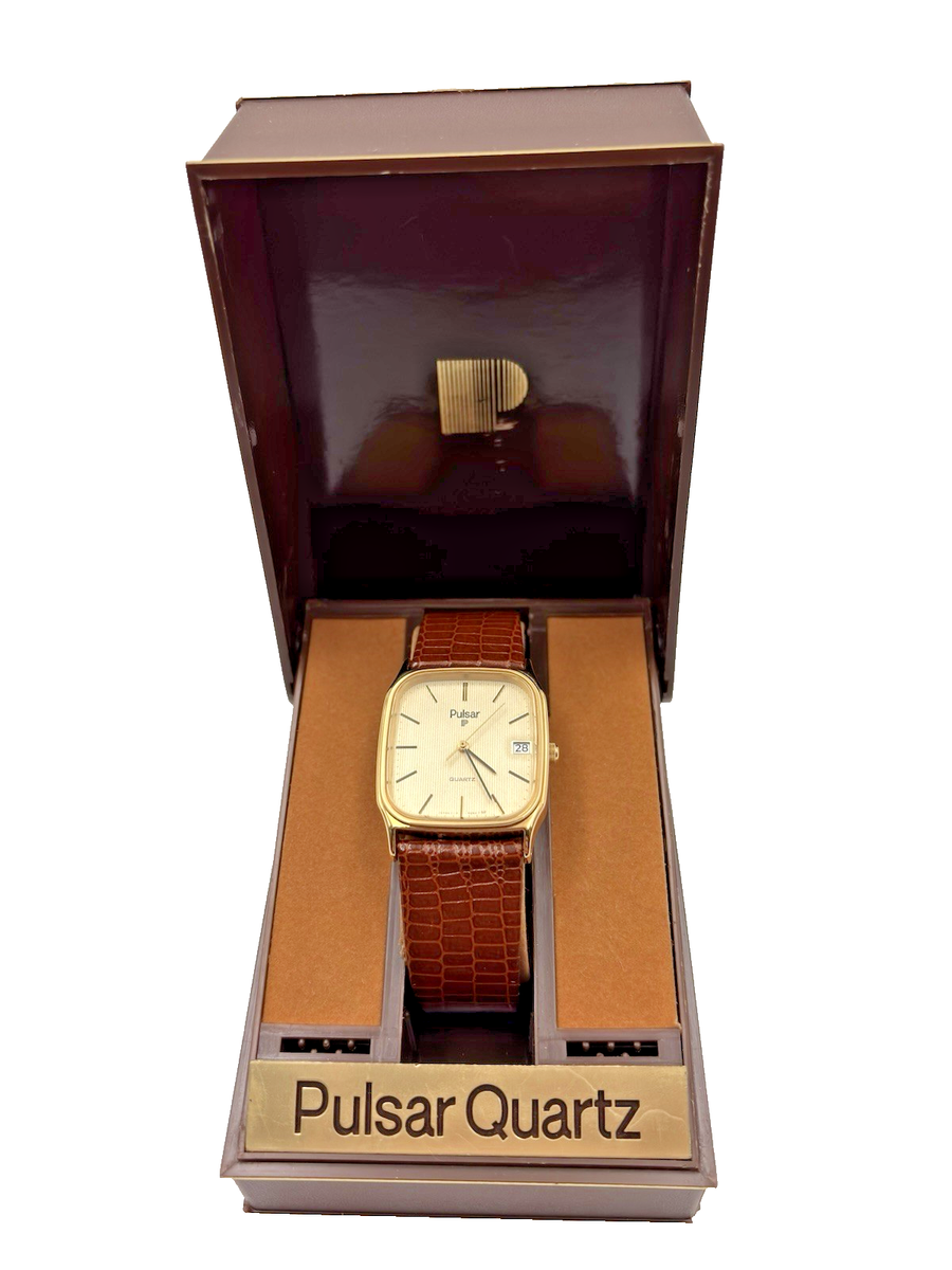 Vintage Pulsar Quartz Watch Y112-5199 Gold Tone Brown Leather