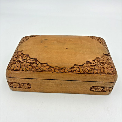 Vintage Hand Carved Wood Hinged Trinket Jewelry Box India Leaf Motif