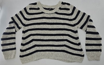 H&M Chunky Knit Sweater Women's Black Off-White Striped Loose Fit Pullover- L