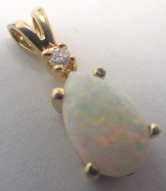 Vintage 14k Yellow Gold Fiery White Opal and Real Natural Diamond Pendant - Image 2 of 4