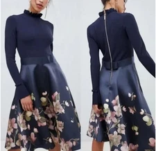 Ted Baker Seema Arboretum Knitted Bodice Dress SZ TB 1 US 4 Navy Blue Floral