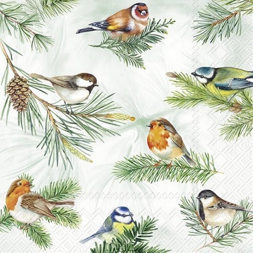 20 Servietten Charming Birds Green VöGel Tiere Zweige Baum Wald Winter 33X33Cm-image