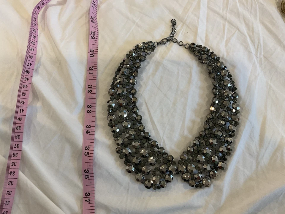 Black Gunmetal Rhinestone Faceted Collar Necklace Choker Statement Stone Edgy - Image 3 of 4