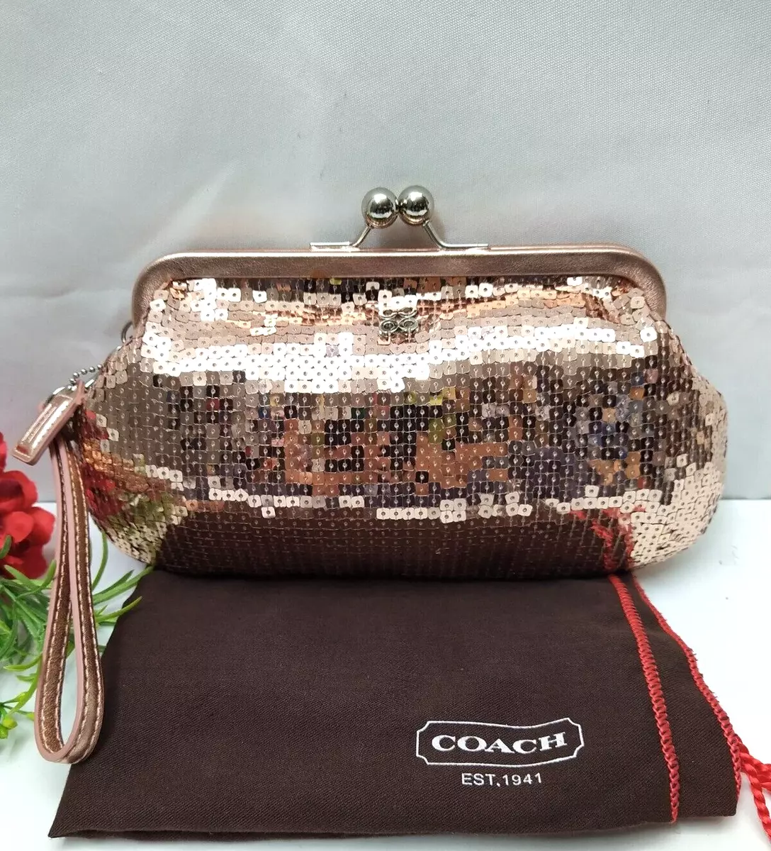 Coach Rose Gold Sequin kisslock Framed Evening Clutch Pouch