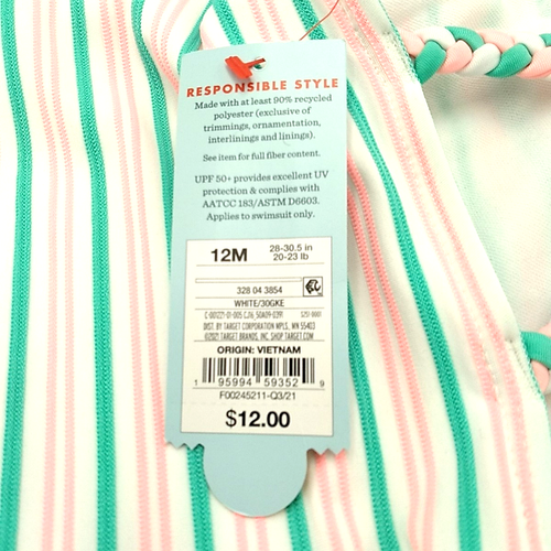 Cat & Jack Girls Swimsuit Striped White Pink Mint One Piece UPF 50+ Toddler Swim - Picture 10 of 11