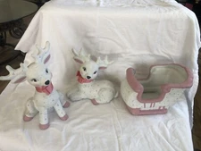 Vintage Kimble Hand Painted Christmas Reindeers And Sled Ceramic Mold Figurines