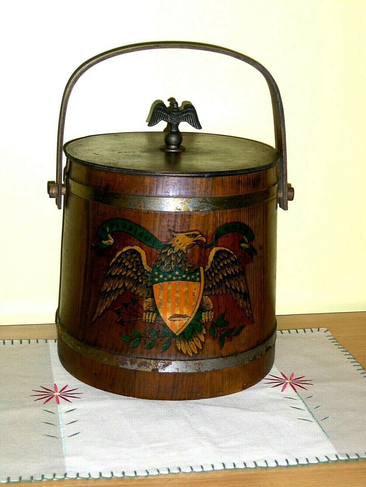 OLD Wood Bucket & Handle Basketville Putney Vermont Brass Eagle Antique