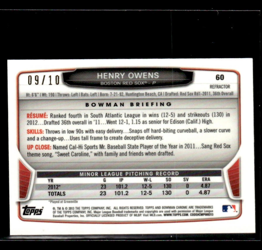 2013 Bowman Chrome Mini #60 Henry Owens Red Refractors #/10 - Image 2 of 2