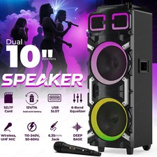 Dual 10" Bluetooth Speaker PA System Portable Subwoofer Karaoke DJ LED AUX MIC