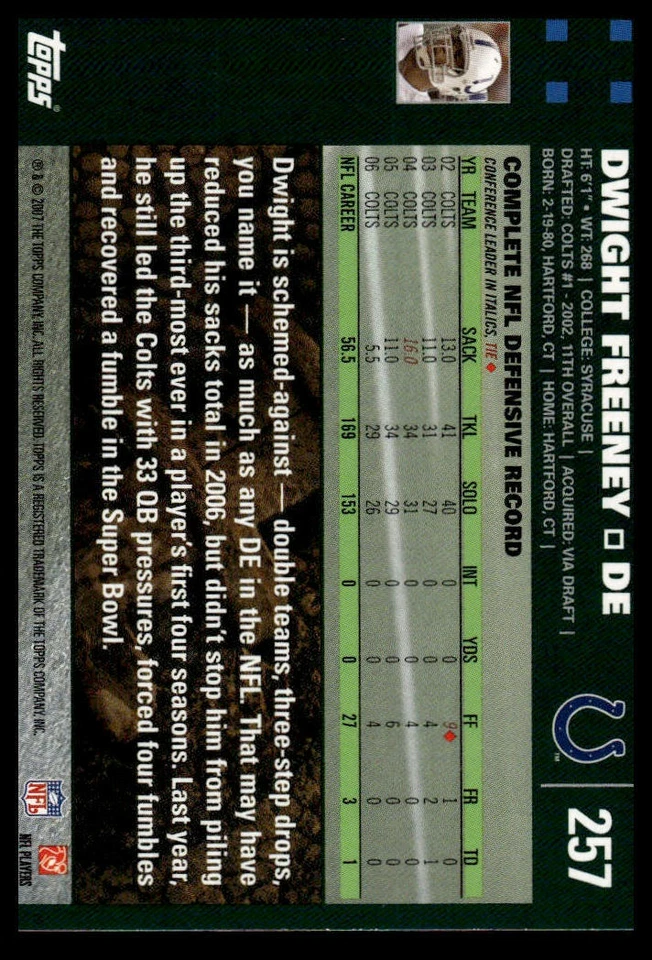 2007 Topps #257 Dwight Freeney First Edition - Image 2 of 2