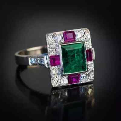 2.50Ct Art-Deco Lab-Created Emerald & Diamond Wedding 14k White Gold Finish Ring