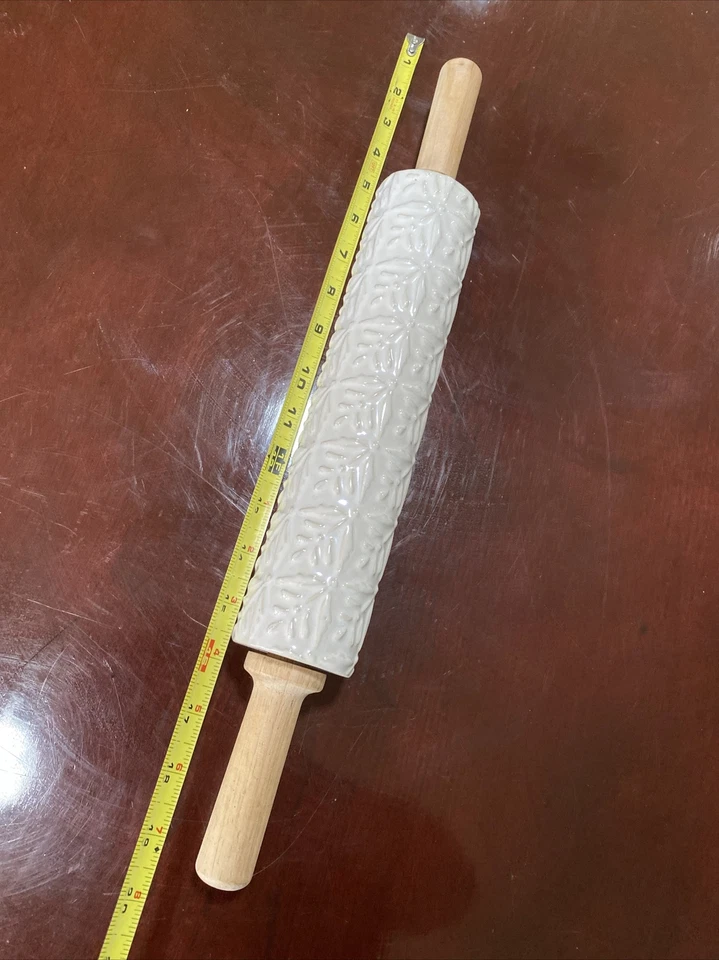Ceramic Textured Floral Pattern Embossed Shiny Baking Rolling Pin Wooden Handles - Image 2 of 4