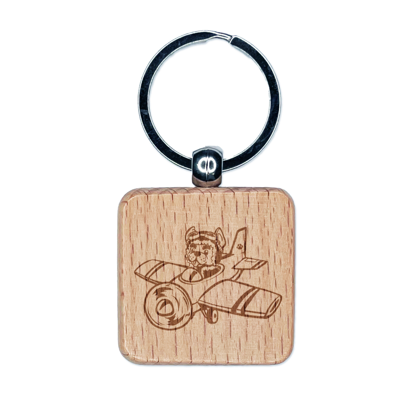 Puppy Pilot Dog in Airplane Engraved Wood Square Keychain Tag Charm