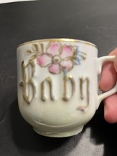 Antique Porcelain  BABY  Cup Floral Green Blue Luster Gold Trim Germany