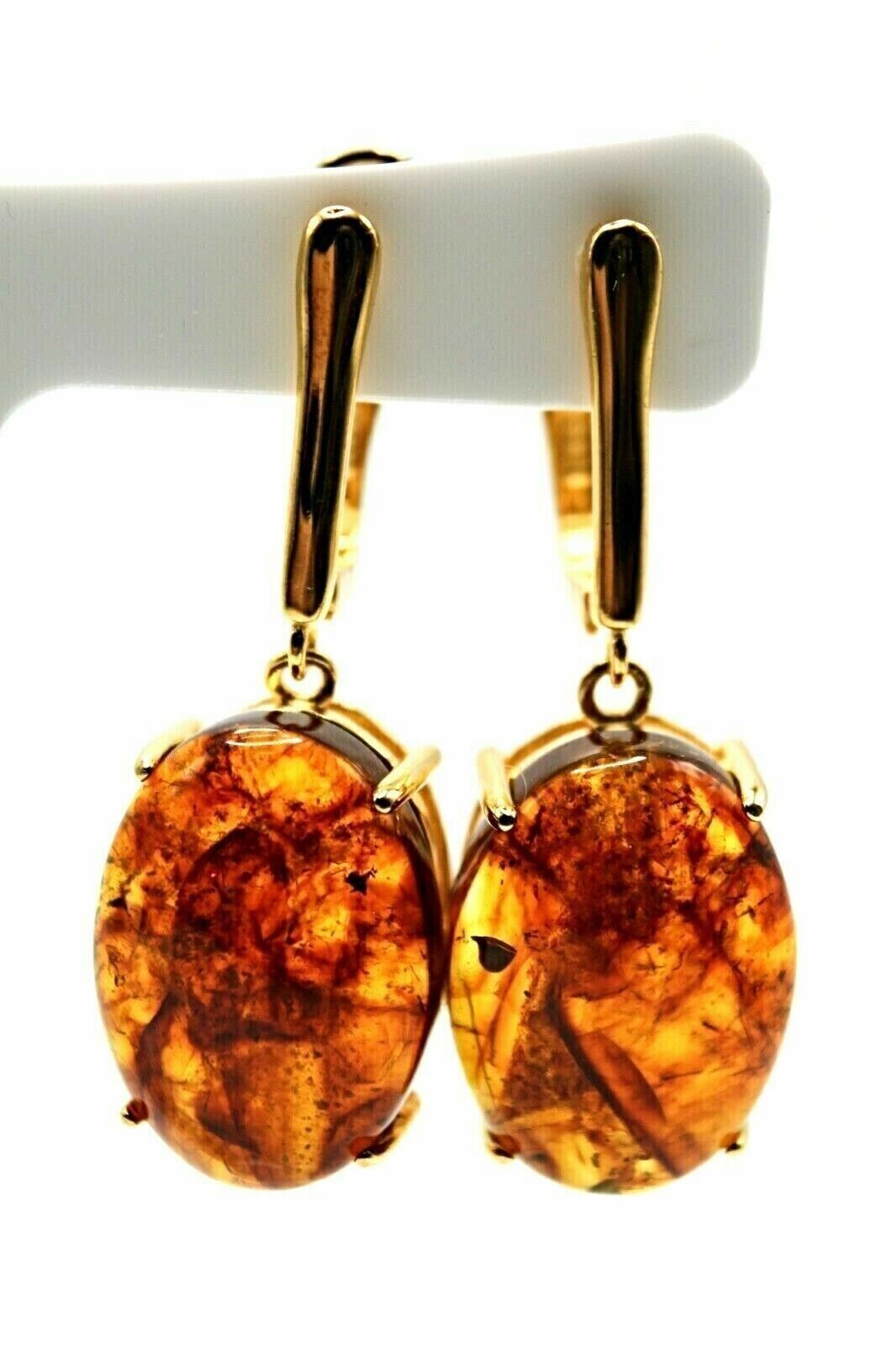 Silver Earrings Amber Genuine Natural Gems Solid Sterling Yellow Gold Coated