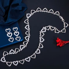 Silver Plated Heart Tennis Cubic Zirconia Wedding Necklace Earrings Jewelry Set