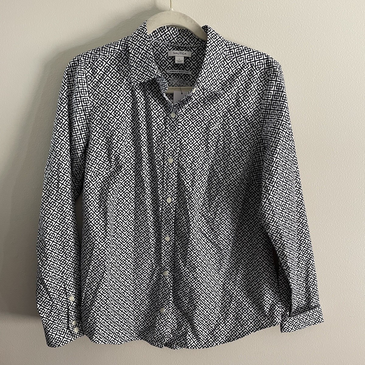 【新品】UNEUENNESS CHECK TUNIC TOP Nautica Wmn SZ L White/Blue Design L/S Button Up Fitted Wrinkle