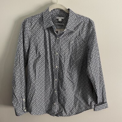 Nautica Wmn SZ L White/Blue Design L/S Button Up Fitted Wrinkle Res. Blouse NWT