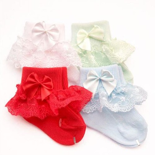 4 Pairs Lace Bow Socks - Infant Short Cotton Footwear Newborn Baby Foot Wears - Picture 2 of 24