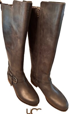 UGG Women s Katelyn Black Leather Block Heel Tall Riding Boots Size 10 NIB