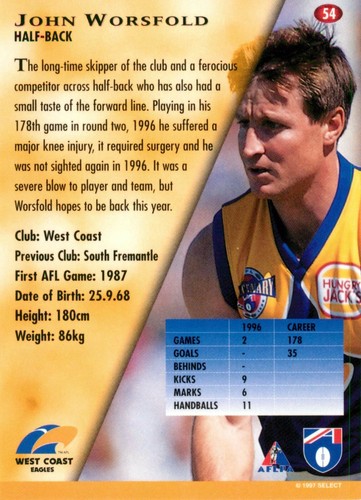 1997 WEST COAST EAGLES AFL Card JOHN WORSFOLD - Picture 2 of 2