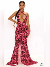 Fashion Nova Pink Black Leopard Print Halter Mesh Sheer Tie Maxi Dress S Baddie