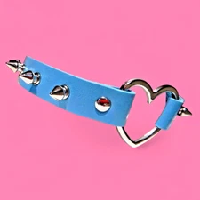 PASTEL BLUE SPIKED HEART RING COLLAR silver rivet choker punk necklace vinyl R2