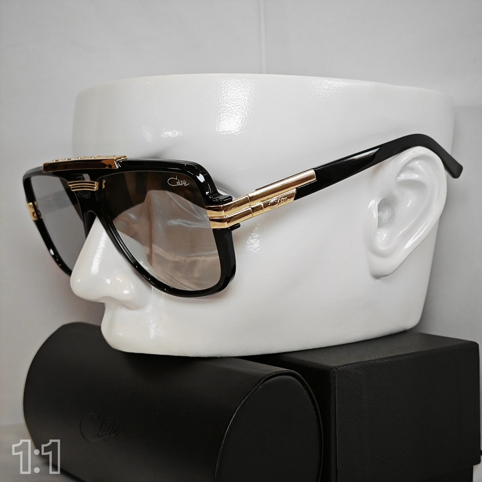 Cazal LuxuryLogo Sunglasses Unisex Black Golden Frame Glasses Reflective Lens