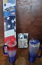 PATRIOTIC LOT USA FLAG SUN SHIELD COVER WATER BOTTLES GLASSES CLOTH FLAG 3X5