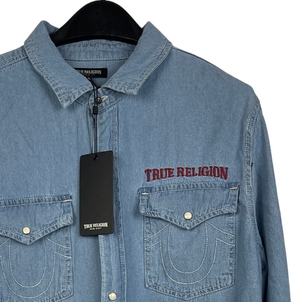 NEW True Religion Denim Long Sleeve Shirt Mens L Western Chambray Pearl Snap