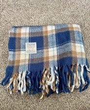 Vintage Faribo Woolin Mills Plaid Blanket Throw Blue Tan Cream Acrylic 47 X 54