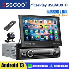 Single 1 Din 7"Flip Out Car Stereo Radio Android/Apple Carplay MP5-Player BT+CAM