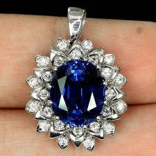 7.40Ct Oval Cut Natural Blue Sapphire & Diamond 14K White Gold Luxurious Pendant