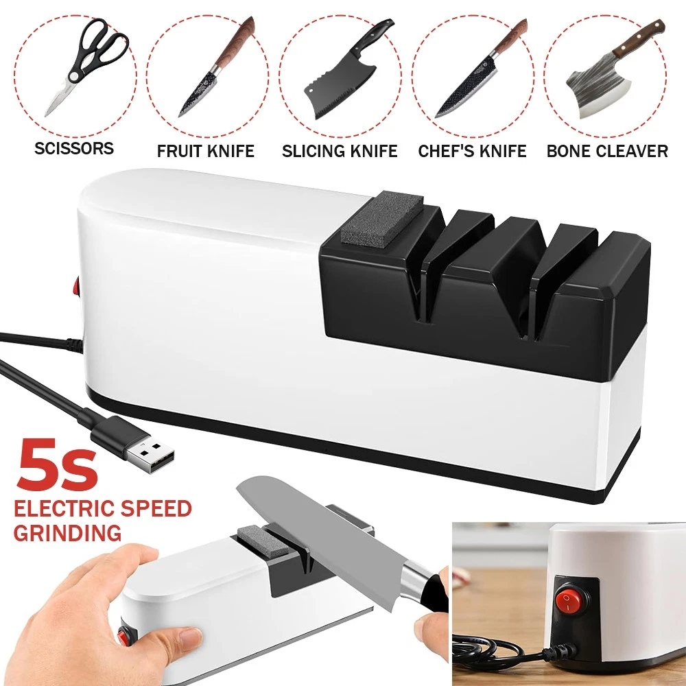 Rechargeable Cordless Electric Knife Sharpener 3 Stage Diamond Grinder USB