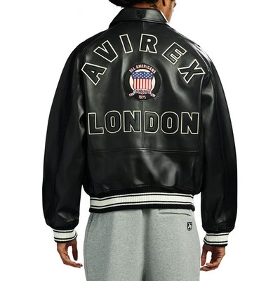 New Avirex Men Icon London Flight Jacket Black Real Leather Bomber Pilot Coat