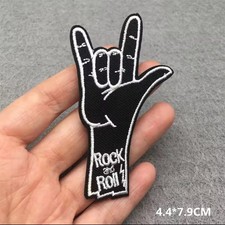 Rock  Roll Hand Sign Iron-On Patch   Black/White Embroidered PB55