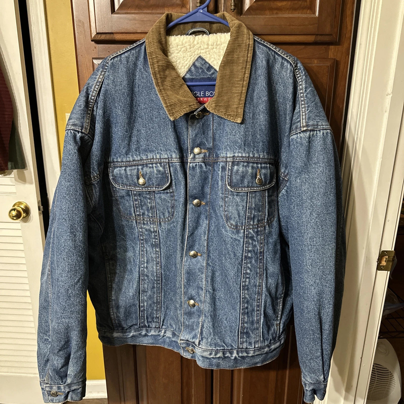 90s Vtg Bugle Boy Sherpa-lined Blue Denim Button-up Jacket (XL) See Description