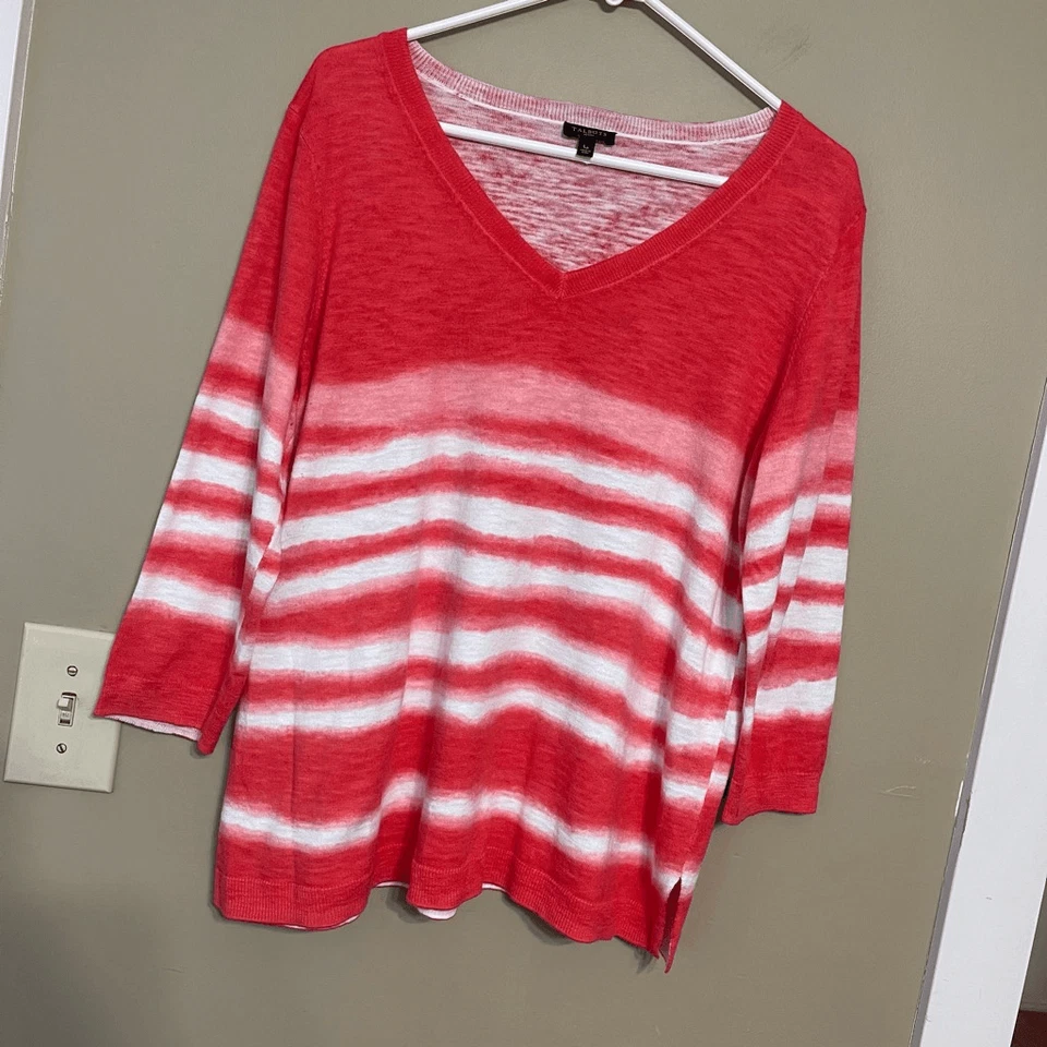 Talbots 女式棉亚麻毛衣领带染料红色白色娇小大号 — 第 2/4 张图片