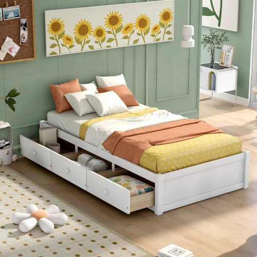 Cama de almacenamiento de tamaño doble con 3 cajones plataforma de madera maciza marcos de cama para niños adolescentes Foto 4 de 4