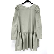 ICHI Pale Sage Green Crepe Puff Sleeve Oversized Pleated Short Dress Size Small