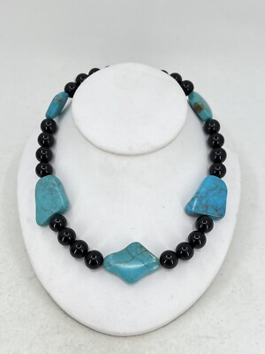 Jay King DTR Sterling Silver Onyx & Turquoise 24+2  Necklace 10mm
