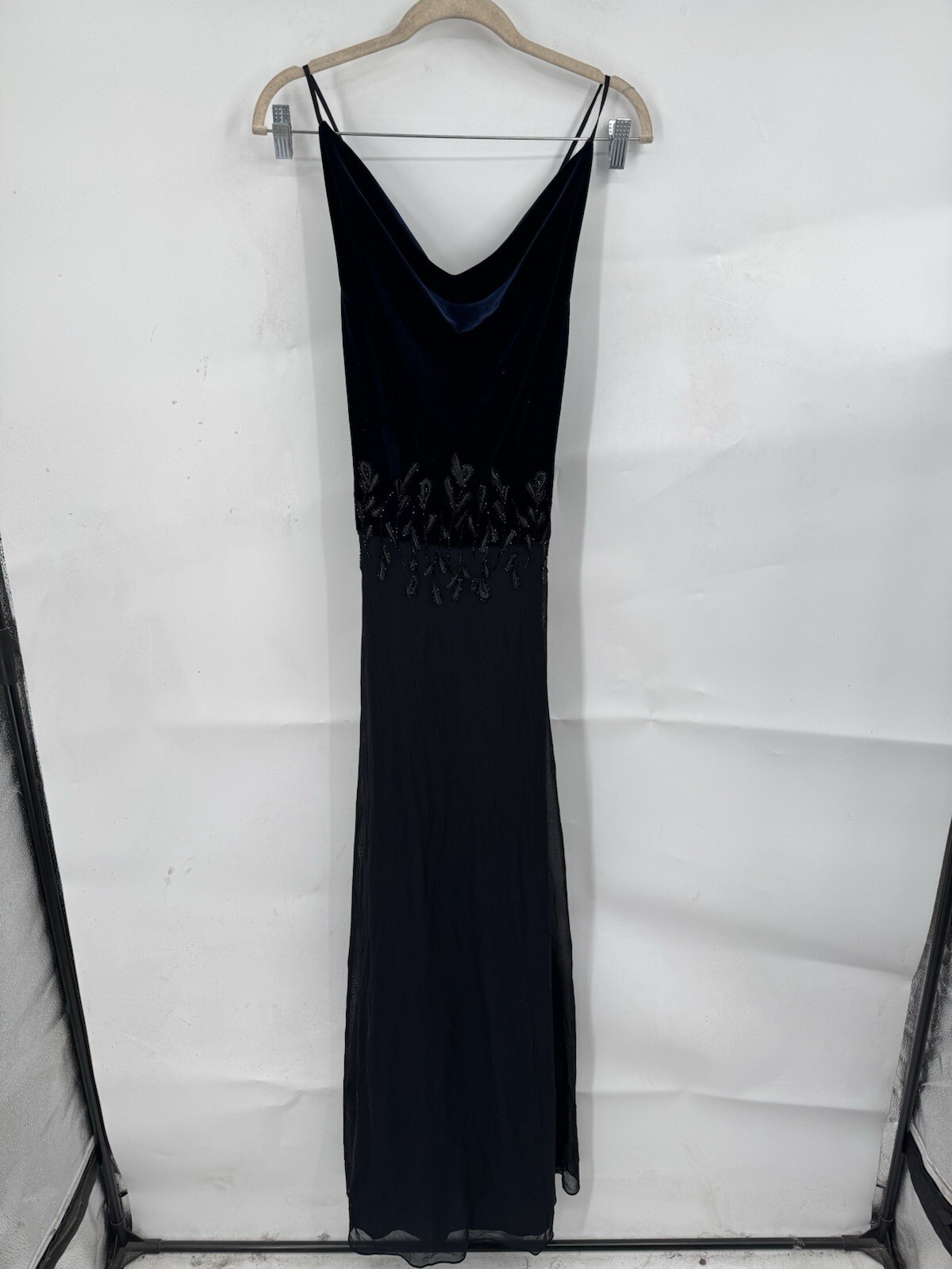 Rimini Maxi Dress in Navy Blue Velour with Beaded Fairy Grunge Details