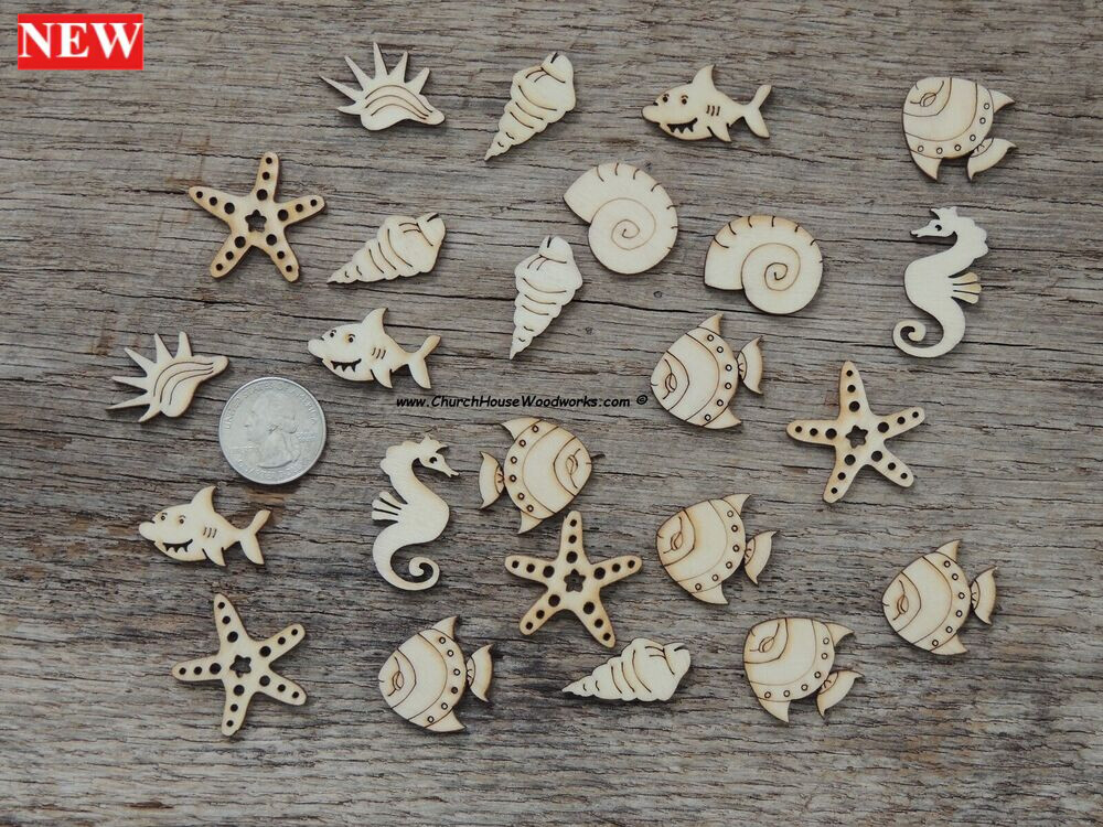 50piece mix Under the Sea wood shapes embellishments crafts marine life fish,NEW