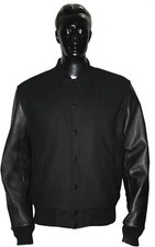 Black Wool Varsity Letterman Baseball Bomber Jackets Real Leather Black Sleeves