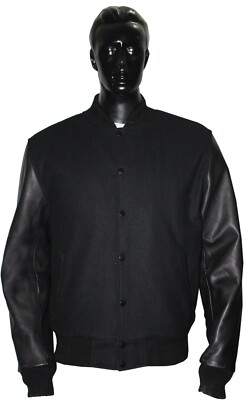 Black Wool Varsity Letterman Baseball Bomber Jackets Real Leather Black Sleeves