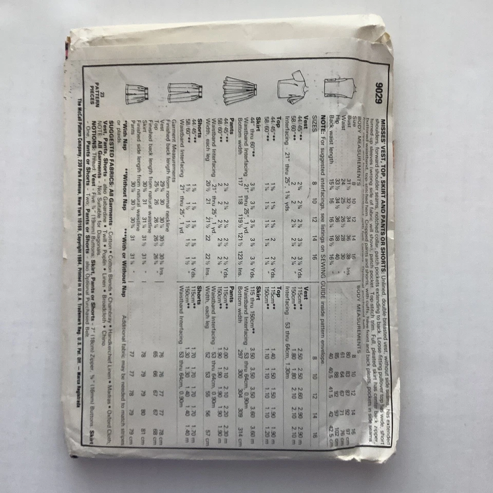 McCalls 9029 Sewing Pattern Women’s Shirt Pants Skirt Vest Misses Size 10 UNCUT - Image 2 of 4