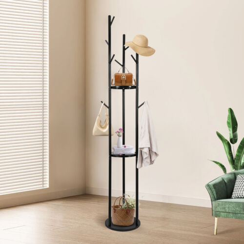 Wooden Coat Rack Stand Free Standing Tree Hanger Hall Coat Hat Rack with 9 Hook