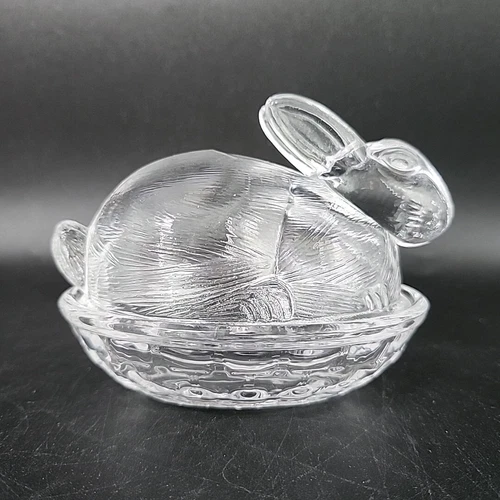 VTG LE Smith Clear Glass Bunny Rabbit on Basket Nest Covered Candy Dish 4 1/2"