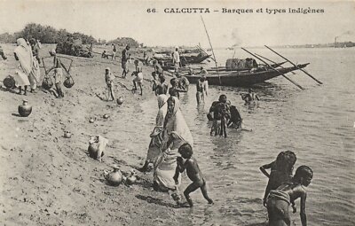 PC INDIA CALCUTTA KOLKATA BOATS AND NATIVES ETHNIC TYPES (a48685)