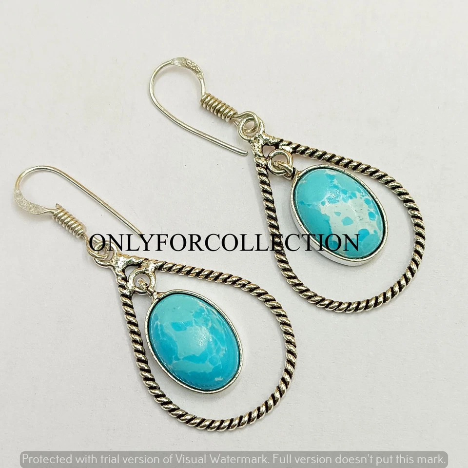 Larimar Piedras Preciosas 925 Chapado en Plata de Ley Unisex 1 Par Moda Gancho Pendiente Foto 2 de 3